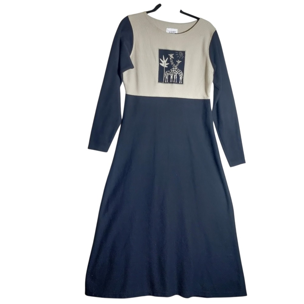 Christopher & Banks Womens Large Blue Tan Giraffe Cotton Knit Maxi‎ Dress L 3061